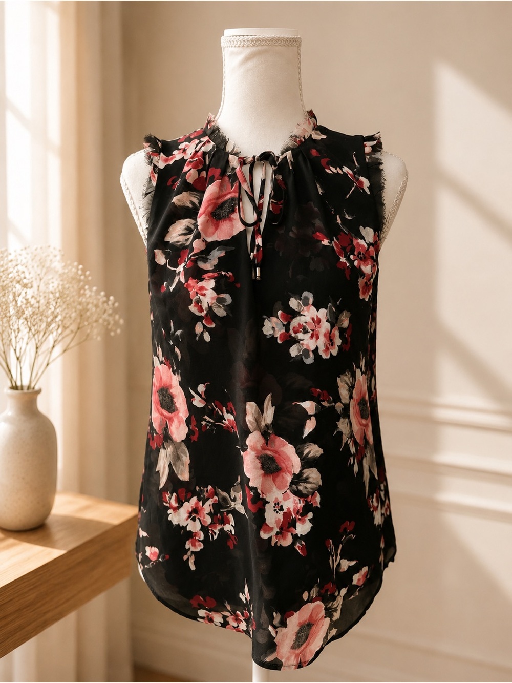 White House Black Market Black Floral Sleeveless Tie-Neck Blouse